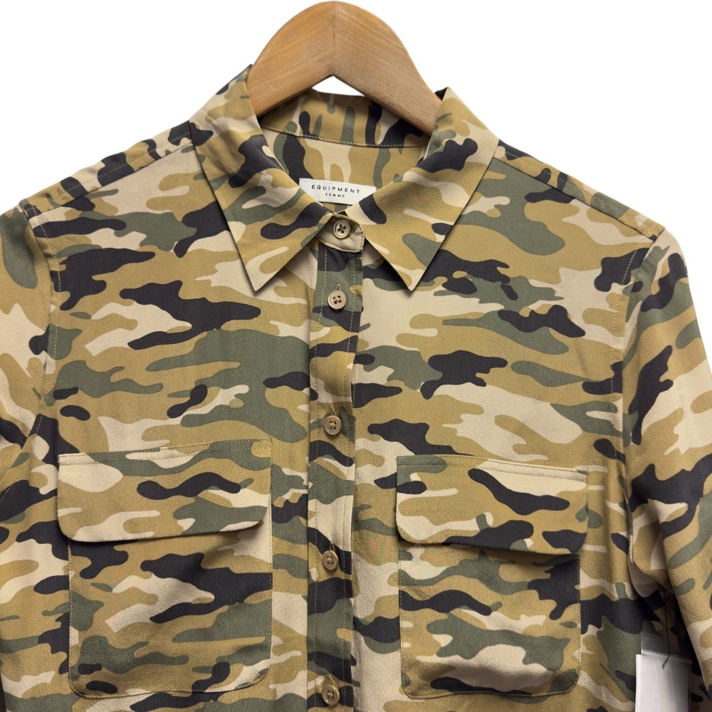 Equipment NEW Womens Size Small Slim Green Camo Kelp Silk Button Front Shirt Top